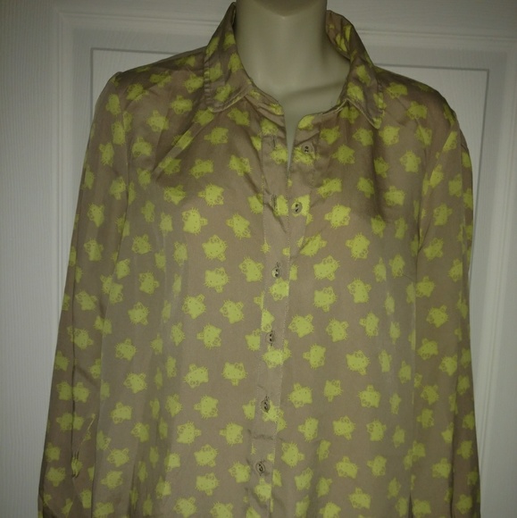 Hello Kitty • Y2k Sheer Nude Button Front Blouse Neon Green Small Graphic - Picture 5 of 6